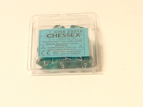 10 Translucent Teal w/white D10 Dice Set - CHX23215