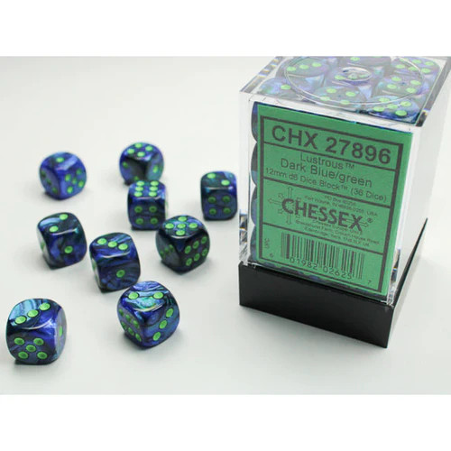 Lustrous Dark Blue with Green Pips 12mm D6 Dice (36) - CHX27896