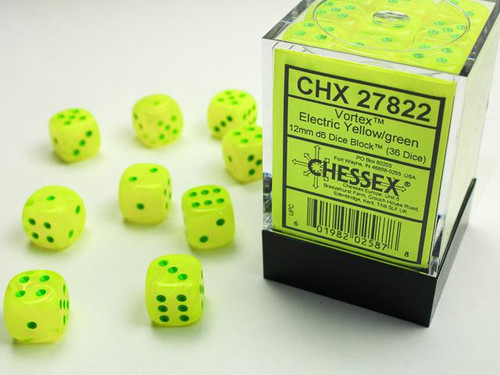 Vortex Electric Yellow with Green Pips 12mm D6 Dice (36) - CHX27822