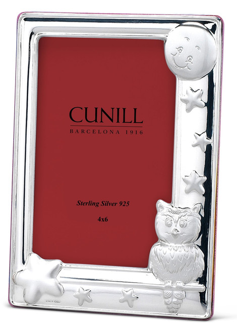 Engravable 'Owl' 4x6 Sterling Silver Picture Frame (Pink Back)