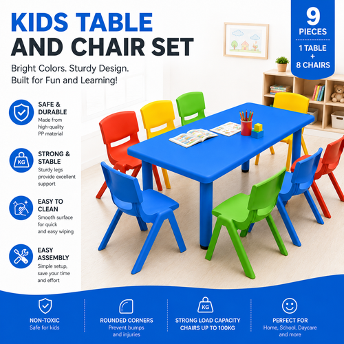 120x60cm Kids Plastic Table and 8 Chairs Set for Playroom Preschool Daycare Learning Activity and Dining