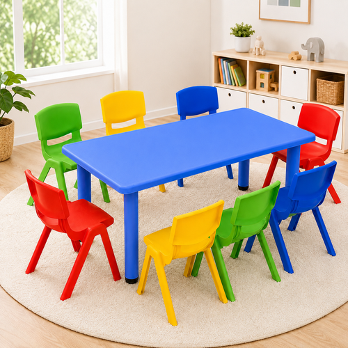 120x60cm Kids Plastic Table and 8 Chairs Set for Playroom Preschool Daycare Learning Activity and Dining