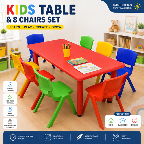 Kids Rectangle Red Activity Table with 8 Mixed Coloured Chairs Set