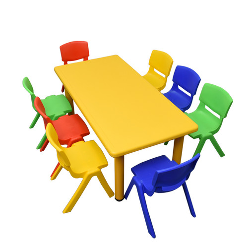 Kids Rectangle Yellow Activity Table with 8 Mixed Coloured Chairs Set