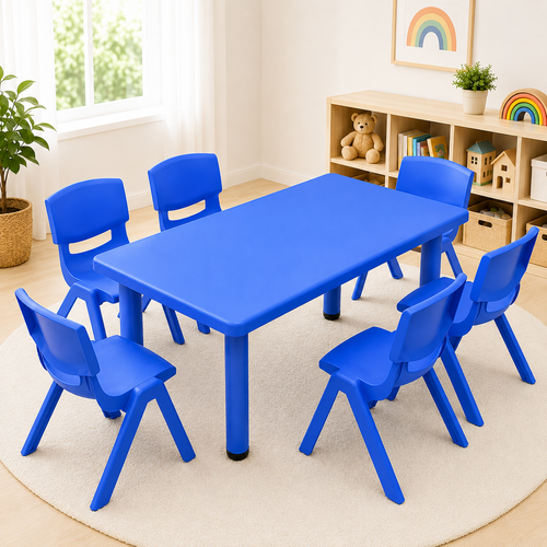 120x60cm Kids Blue Plastic Table and 6 Blue Chairs Set for Classroom Playroom Preschool Childcare and Home Learning