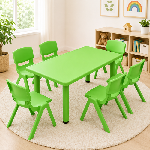 120x60cm Kids Green Activity Table and 6 Green Chairs Set for Playroom Classroom Learning Creative Play