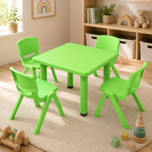 60x60cm Green Kids Plastic Activity Table and 4 Green Chairs Set for Toddlers Preschool Playroom Classroom Furniture