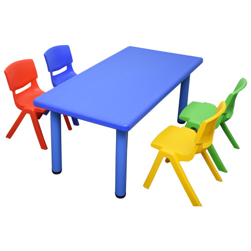 Kids Rectangle Blue Activity Table with 4 Mixed Coloured Chairs Set