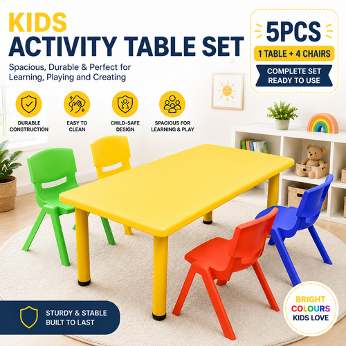 120x60cm Kids Activity Table and 4 Chairs Set for Playroom Classroom Childcare Learning and Creative Activities Yellow
