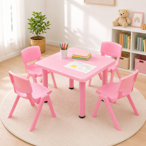 60x60cm Pink Kids Table and 4 Pink Chairs Set Plastic Activity Study Play Furniture for Toddlers Preschool Children