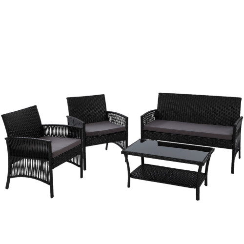 Outdoor Furniture Rattan Set Wicker Cushion 4pc Black