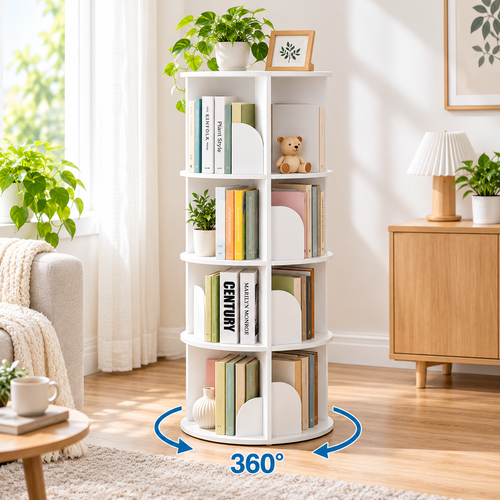 360° Rotating Bookshelf Bookcase Display Storage Shelf – White 3/4/5/6 Tier