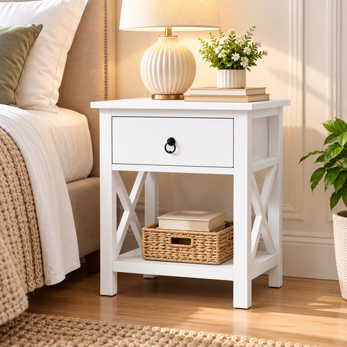 Set of 2 White Rustic Bedside Tables with Drawer & Shelf