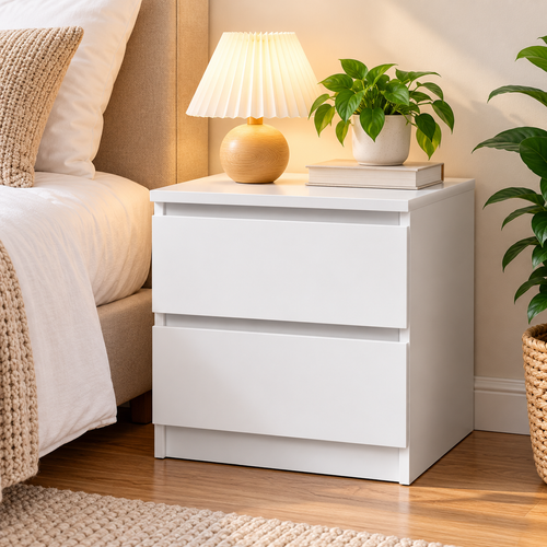 50cm White Bedside Table with 2 Drawers – Handle-Free Design