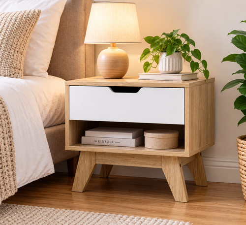 50cm Wooden Bedside Table with Drawer & Open Shelf – White & Wood