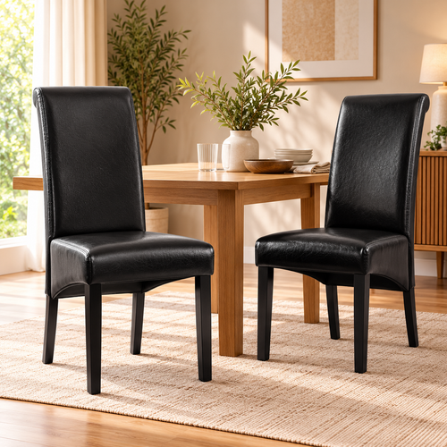 2x Dining Chairs French Provincial Kitchen Cafe PU Leather Padded High Back Pine Wood Black