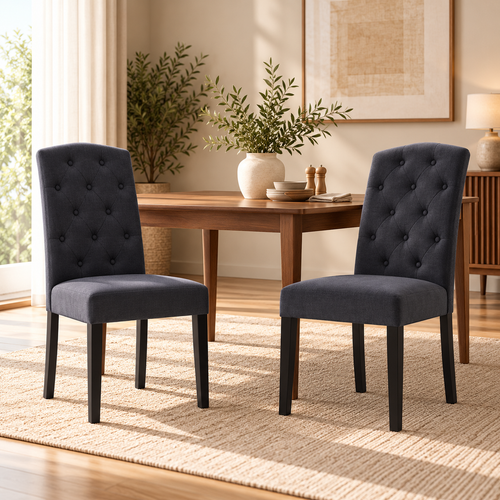 2x Dining Chairs French Provincial Kitchen Cafe Fabric Padded High Back Pine Wood Grey
