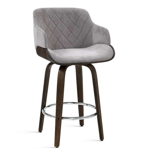 1x Kitchen Bar Stools Wooden Bar Stool Chairs Swivel Velvet Fabric Grey