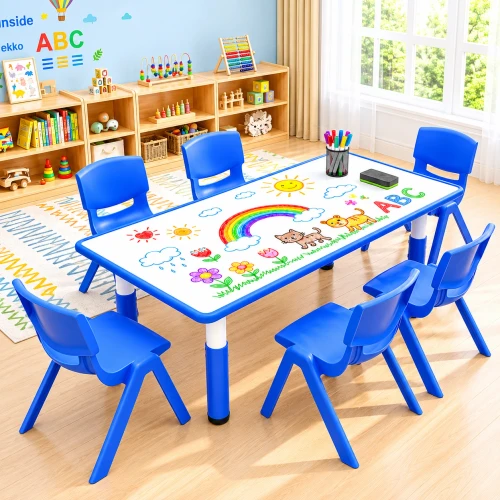 120cm Blue Adjustable Kids Whiteboard Activity Table & Chairs Set – Blue or Colourful Chairs
