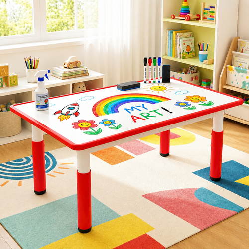 120cm Red Adjustable Kids Whiteboard Activity Table & Chairs Set – Red or Colourful Chairs