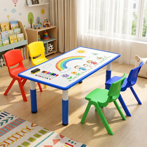 120x60cm Blue Kids Adjustable Whiteboard Activity Table and 4 Stackable Plastic Chair Set for Drawing Learning and Play