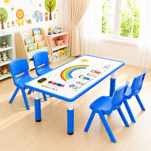 120x60cm Blue Kids Adjustable Whiteboard Activity Table and 4 Blue Stackable Chair Set for Drawing Learning and Play