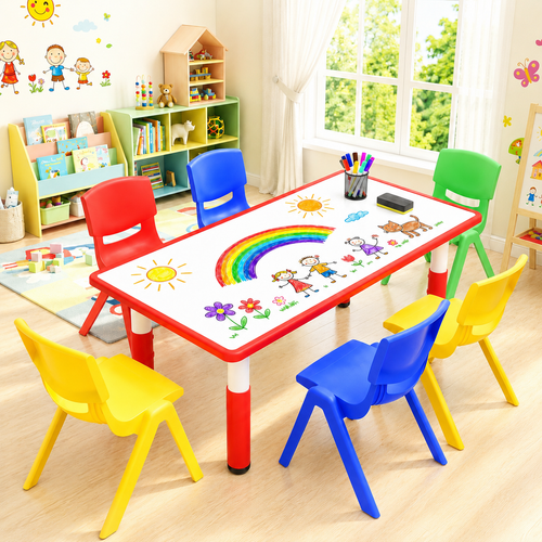 120x60cm Red Kids Adjustable Whiteboard Activity Table and 6 Stackable Chair Set for Drawing Learning and Play