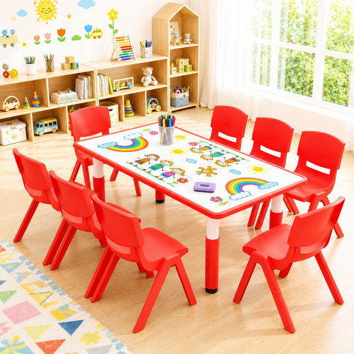 120x60cm Red Kids Adjustable Whiteboard Activity Table and 8 Red Stackable Chair Set for Drawing Learning and Play
