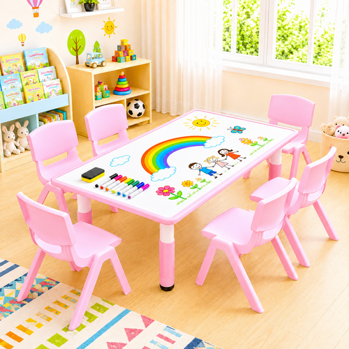 120x60cm Pink Kids Adjustable Whiteboard Activity Table and 6 Pink Stackable Chair Set for Drawing Learning and Play