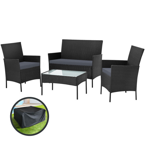 Garden Furniture Outdoor Lounge Setting Wicker Sofa Patio Storage Cover Black