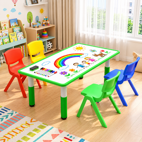 120x60cm Green Kids Adjustable Whiteboard Activity Table and 4 Stackable Chair Set for Drawing Learning and Play