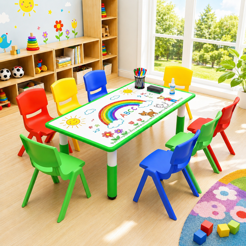 120x60cm Green Kids Adjustable Whiteboard Activity Table and 8 Stackable Chair Set for Drawing Learning and Play