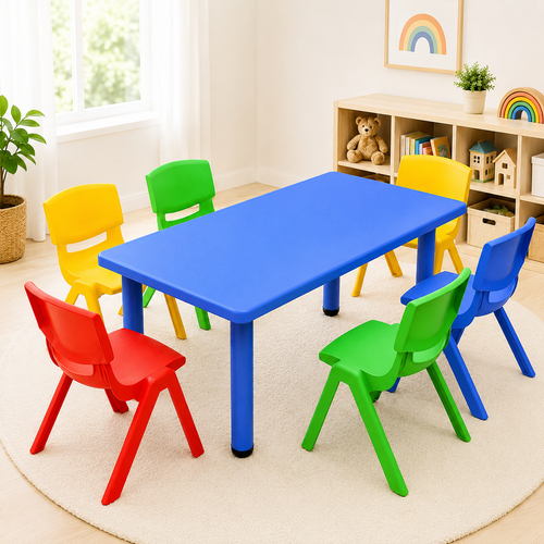 120x60cm Kids Plastic Table and 6 Chairs Set for Playroom Preschool Daycare Learning Activity and Dining