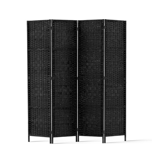 4 Panel Room Divider Privacy Screen Rattan Woven Wood Stand Black