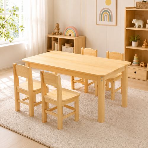 120x60cm Solid Pine Wood Wooden Kids Activity Table and 4 Woodne Chairs Set Classroom Furniture for Children