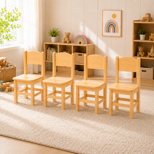 Set of 4 Solid Pine Wood Kids Chairs Fully Assembled Scandinavian Wooden Chairs for Playroom