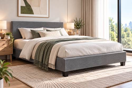 Artiss NEO Queen Bed Frame Grey Fabric Upholstered Wooden Slat Bed