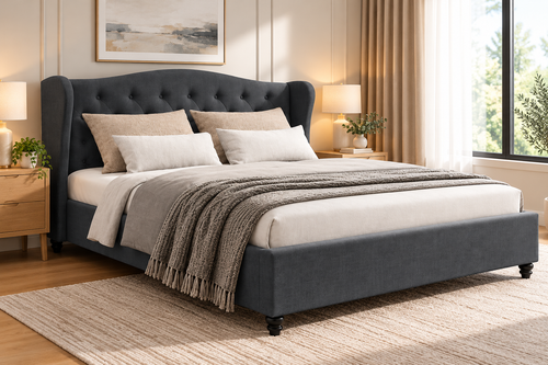 Pier Queen Bed Frame Charcoal Fabric Upholstered Tufted Wingback Headboard