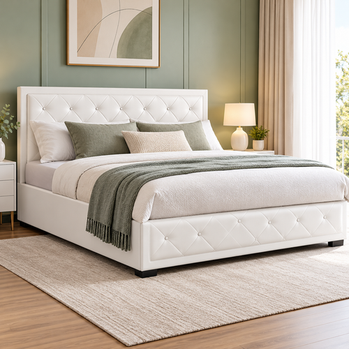 TIYO Queen Gas Lift Storage Bed Frame White PU Leather Upholstered Bed