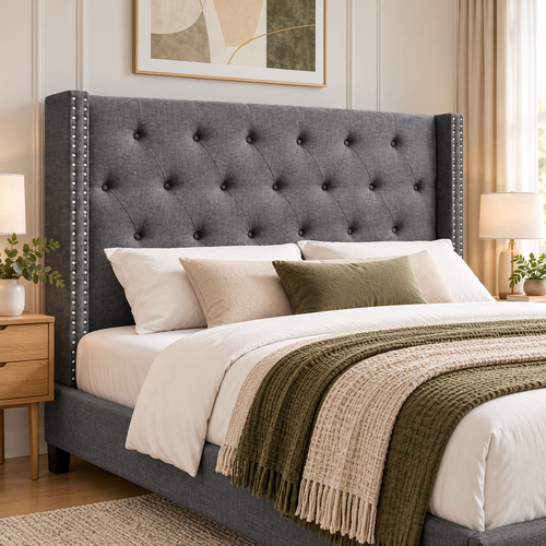 Artiss LUCA King Bedhead – Grey Fabric Upholstered Winged Headboard with Button Tufting