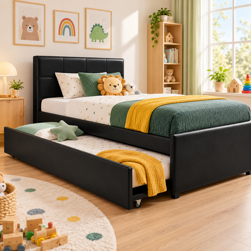King Single Trundle Bed Frame with Pull-Out Guest Bed – Black PVC Leather