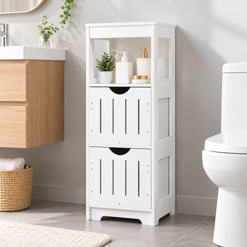 85cm White Bathroom Storage Cabinet with 2 Drawers & Display Shelf – Compact Freestanding Storage Organiser