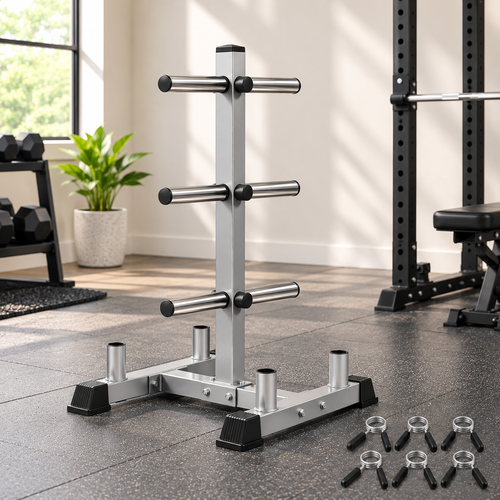 Heavy Duty Olympic Weight Plate Storage Rack – 50mm Barbell Plate Holder Tree with 6 Spring Collars