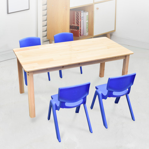 120x60cm Wooden Pinewood Timber Kids Study Table & 4 Blue Plastic Chairs Set