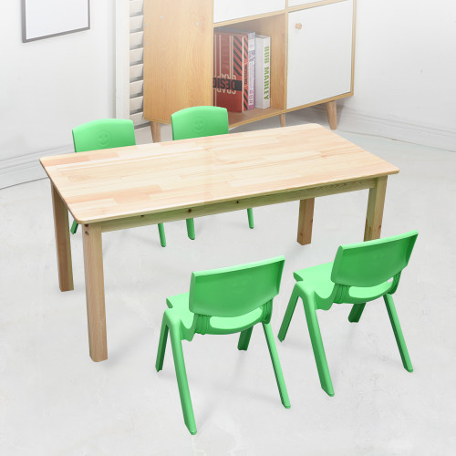 120x60cm Wooden Pinewood Timber Kids Study Table & 4 Green Plastic Chairs Set