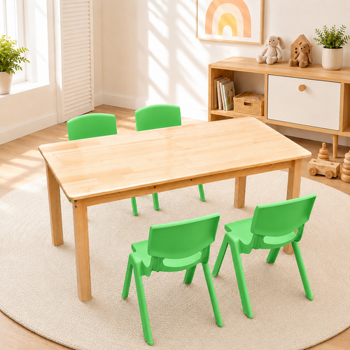 120x60cm Solid Pine Wood Wooden Kids Activity Table and 4 Green Stackable Plastic Chairs Set Classroom Furniture for Children