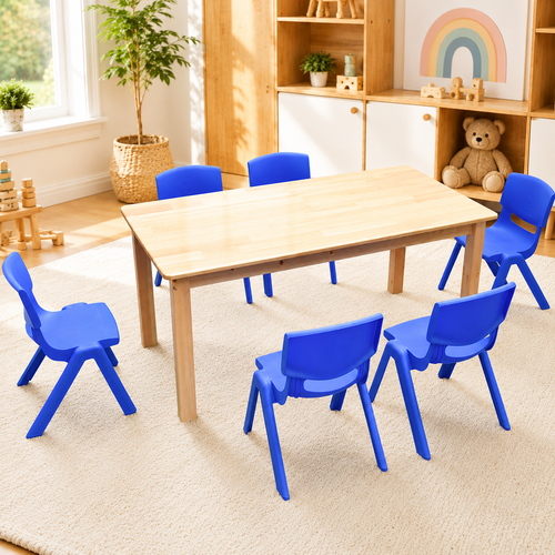 120x60cm Solid Pine Wood Wooden Kids Activity Table and 6 Blue Stackable Plastic Chairs Set Classroom Furniture for Children