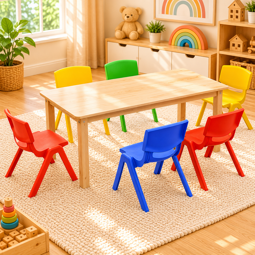 120x60cm Solid Pine Wood Wooden Kids Activity Table and 6 Colourful Stackable Plastic Chairs Set Classroom Furniture for Children