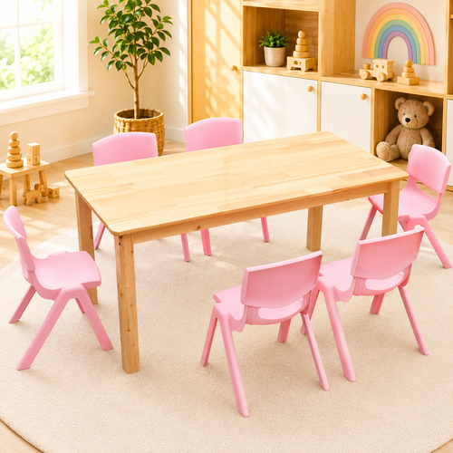 120x60cm Solid Pine Wood Wooden Kids Activity Table and 6 Pink Stackable Plastic Chairs Set Classroom Furniture for Children