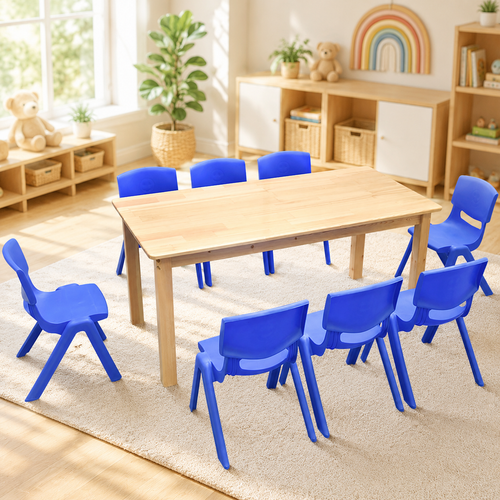 120x60cm Solid Pine Wood Wooden Kids Activity Table and 8 Blue Stackable Plastic Chairs Set Classroom Furniture for Children